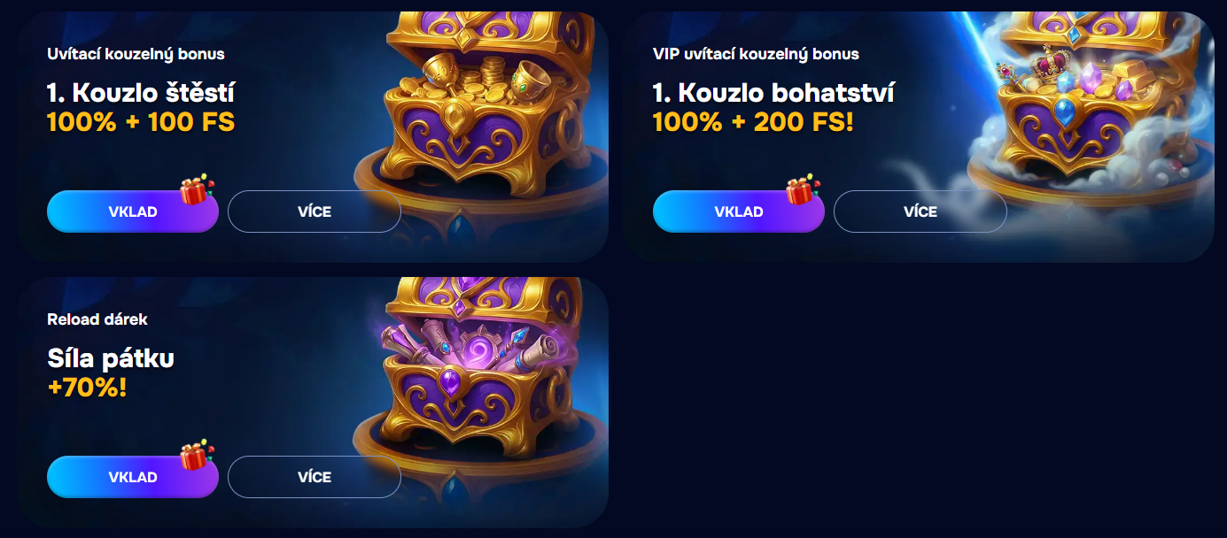 Panel misí v kasinu ukazující body FS a odměny VIP magického týdne.