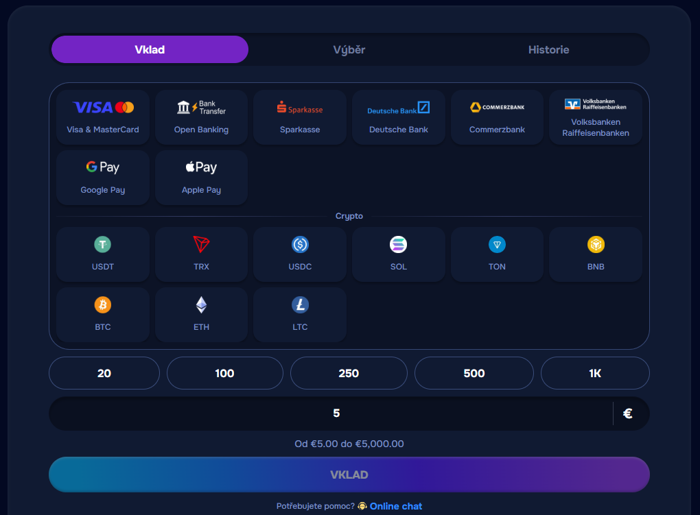 Vklady herní banka instant krypto TRX SOL Wizardo.