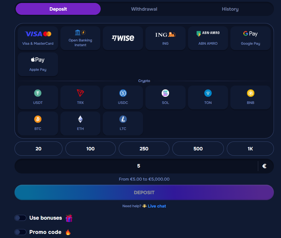 Wizardo gaming deposits bank instant crypto TRX SOL.